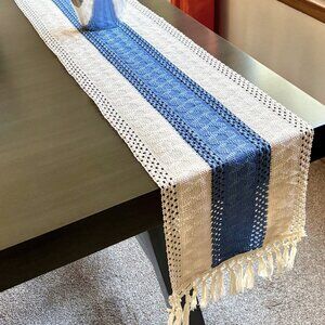 2 Styles Farmhouse Cottage Sage Green Beige Blue Woven Tasseled 72" Table Runner